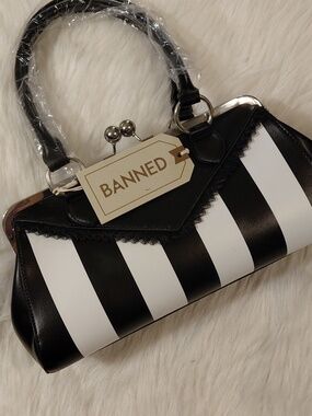 BANNED Black & White Striped Women’s Top-Handle Bag CROSSBODY STRAP AVAILABLE